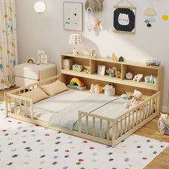 Full Size Montessori Floor Bed with Bookcase-Natural