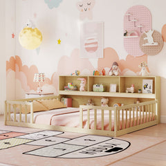 Full Size Montessori Floor Bed with Bookcase-Natural