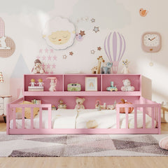 Full Size Montessori Floor Bed with Bookcase-Pink