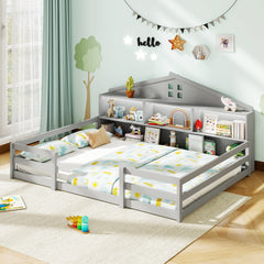 Full Size Montessori Floor Bed with Storage Compartments and Shelf-Gray