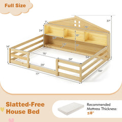 Full Size Montessori Floor Bed with Storage Compartments and Shelf-Natural