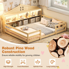 Full Size Montessori Floor Bed with Storage Compartments and Shelf-Natural