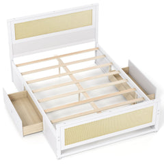 Full Size Rattan Bed Frame with Storage Drawers-White