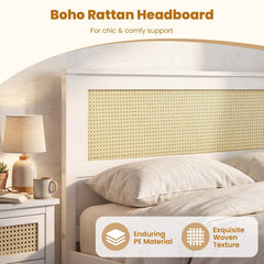 Full Size Rattan Bed Frame with Storage Drawers-White