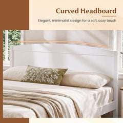 Full Size Wooden Platform Bed Frame with Curved Headboard-White