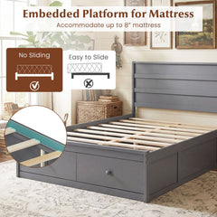 Full Size Wooden Platform Bed with 2 Drawers, Enclosed Base and 40.5 Inch Headboard, Gray