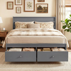 Full Size Wooden Platform Bed with 2 Drawers, Enclosed Base and 40.5 Inch Headboard, Gray