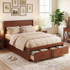 Full Size Wooden Platform Bed with 2 Storage Drawers and Enclosed Base, Walnut