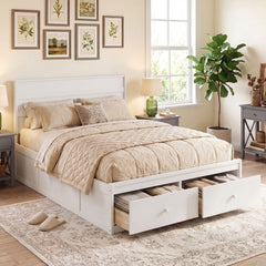 Full Size Wooden Platform Bed with 2 Storage Drawers and Enclosed Base, White