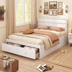 Full Size Wooden Platform Bed with 2 Storage Drawers and Enclosed Base, White