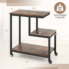 G-shaped Side Table 3-Tier Mobile End Table with Open Shelves-Rustic Brown