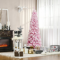 5 FT Snow Flocked Artificial Christmas Tree, Pencil Xmas Tree with Realistic Branches, Auto Open and Steel Base, Pink
