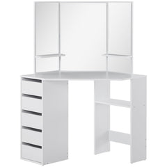 Corner Vanity Desk with Mirror, Makeup Vanity Table with 5 Drawers and Open Shelves, Dressing Table with 3-piece Mirror for Bedroom, Black