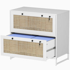 2-Drawer Filing Cabinet with Lock, Rattan File Cabinet with Adjustable Hanging Bar, Natural