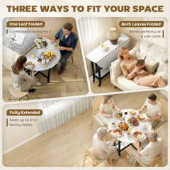 Folding Dining Table, Drop Leaf Table with Open Shelf, Rolling Kitchen Table for Dining Room, Small Spaces, White Marble