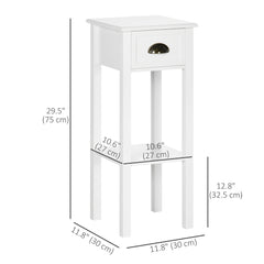 2 Tier Side Table, Set of 2, Narrow Tall End Table with Drawer and Shelf, Slim Wooden Nightstand for Living Room, Bedroom, Hallway, White