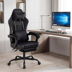 Gaming Chair Height Adjustable Computer Chair with Headrest Lumbar Support Linkage Armrests-Black
