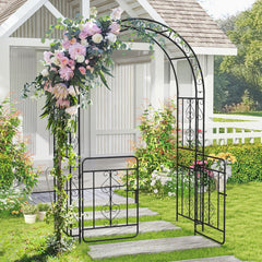 Garden Arbor with Gate with Multiple Side Crossbars and 4 Sharp Ground Stakes-Black
