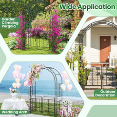 Garden Arbor with Gate with Multiple Side Crossbars and 4 Sharp Ground Stakes-Black