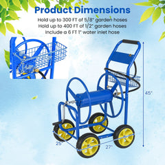 Garden Hose Reel Cart Metal Hose Cart with 4 Wheels and Storage Basket-Blue