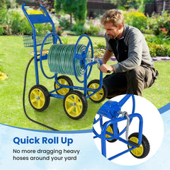 Garden Hose Reel Cart Metal Hose Cart with 4 Wheels and Storage Basket-Blue