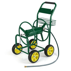 Garden Hose Reel Cart Metal Hose Cart with 4 Wheels and Storage Basket-Green