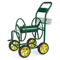 Garden Hose Reel Cart Metal Hose Cart with 4 Wheels and Storage Basket-Green