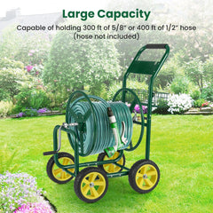Garden Hose Reel Cart Metal Hose Cart with 4 Wheels and Storage Basket-Green