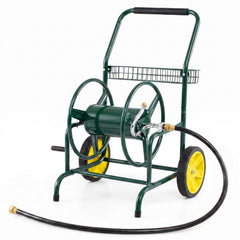 Garden Hose Reel Cart with 2 Wheels and Storage Basket-Green