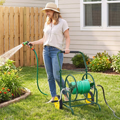 Garden Hose Reel Cart with 2 Wheels and Storage Basket-Green