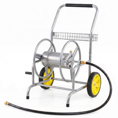 Garden Hose Reel Cart with 2 Wheels and Storage Basket-Silver