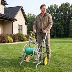 Garden Hose Reel Cart with 2 Wheels and Storage Basket-Silver