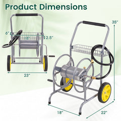 Garden Hose Reel Cart with 2 Wheels and Storage Basket-Silver