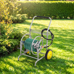 Garden Hose Reel Cart with 2 Wheels and Storage Basket-Silver