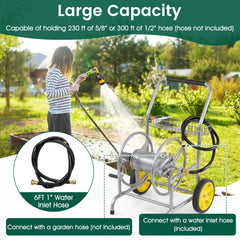 Garden Hose Reel Cart with 2 Wheels and Storage Basket-Silver