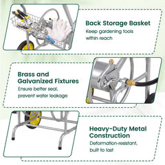 Garden Hose Reel Cart with 2 Wheels and Storage Basket-Silver