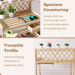 Garden Potting Bench Table Wooden Planting Workstation with Lattice Trellis