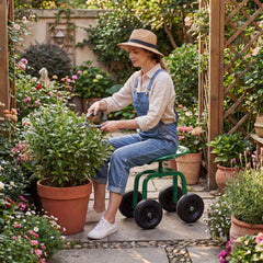 Garden Rolling Workseat with 360°Swivel Seat and Adjustable Height-Green