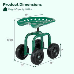 Garden Rolling Workseat with 360°Swivel Seat and Adjustable Height-Green