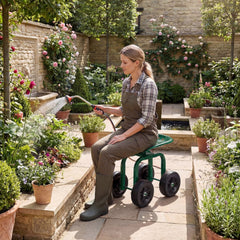 Garden Rolling Workseat with 360°Swivel Seat and Adjustable Height-Green