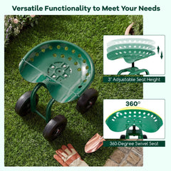 Garden Rolling Workseat with 360°Swivel Seat and Adjustable Height-Green