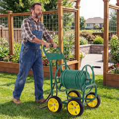 Garden Water Hose Reel Cart with 4 Wheels and Non-slip Grip-Green
