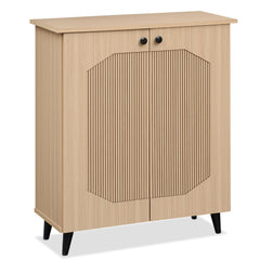 Geometric Cabinet 2‑Door PU‑like Freestanding Footwear Storage with Carved Panels for Entryway Hallway Living Room-Natural