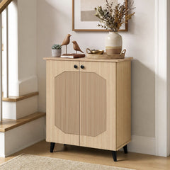 Geometric Cabinet 2‑Door PU‑like Freestanding Footwear Storage with Carved Panels for Entryway Hallway Living Room-Natural