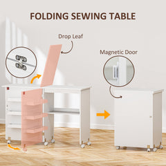 Sewing Machine Cabinet, Folding Sewing Table with Storage Shelf, Bins and Lockable Wheels for Small Space, Brown
