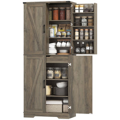 72" Kitchen Pantry Cabinet, Farmhouse Storage Cabinet with 4 Doors, Drawer, 8 Door Shelves and Adjustable Shelf, Black