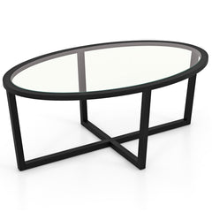 Oval Glass Coffee Table with Cross Base and Acacia Wood Legs, Black