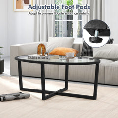 Oval Glass Coffee Table with Cross Base and Acacia Wood Legs, Black