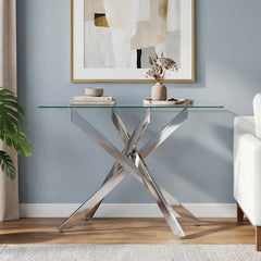 Glass Console Table Modern Entryway Table with Clear Tempered Glass Top-Silver