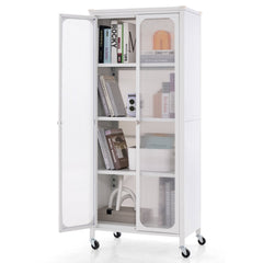 Glass Doors Storage Cabinet with Wheels and Adjustable Shelves-White